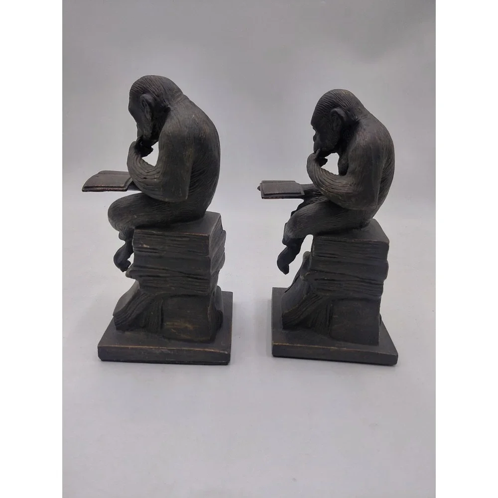Vtg 2 Monkeys Reading Book Bookends The Thinker Ape Nature 7.5